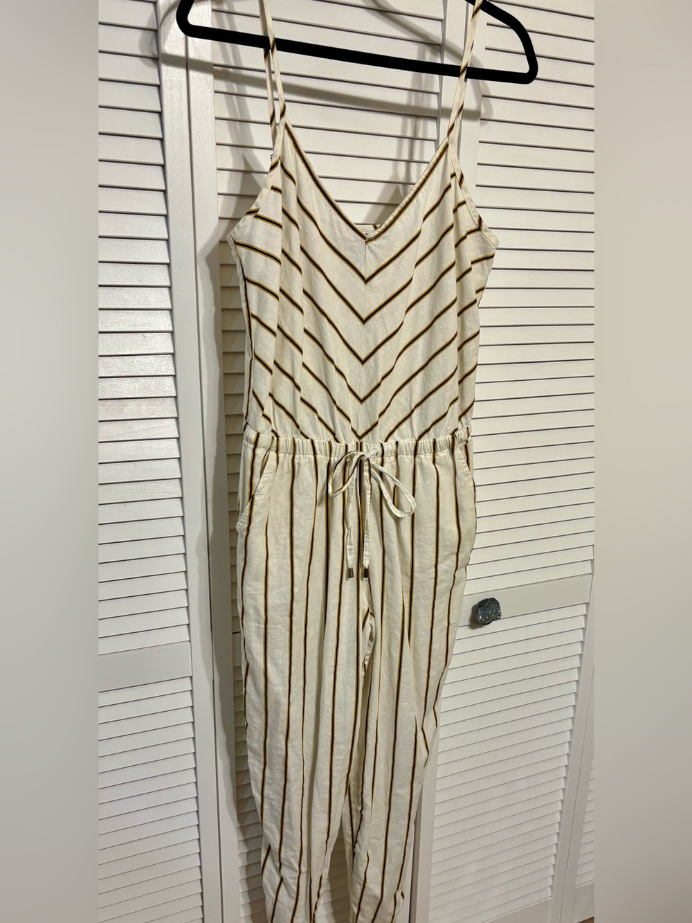 Beautiful Linen Blend Cream Striped Jumpsuit with Yellow and Black Accents